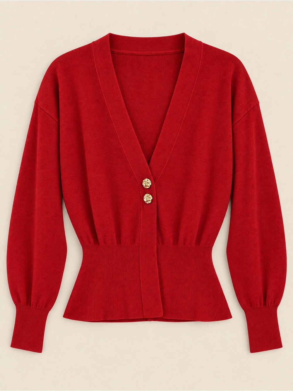 Red Deep V-Neck Gold Button Cardigan Sweater Size Large